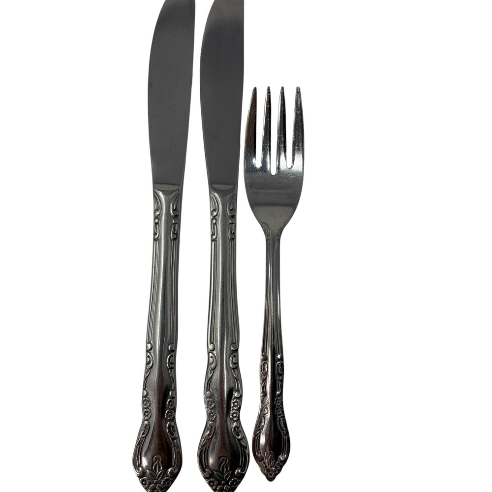 Vintage Fleurette Stainless Flatware Lot 2 Knives 1 Fork Japan Korea
